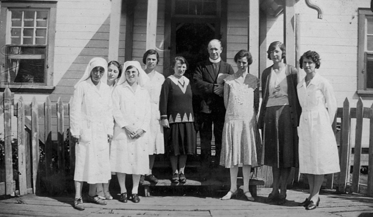 Hay River School Staff. L to R Nurse Winnifred Neville Miss Betts Miss Rosina Hobbs Miss Scholes Miss Rhoda Swift retiring Rev. Mrs. Singleton Miss Frances Harvie retiring and Miss Wilmot